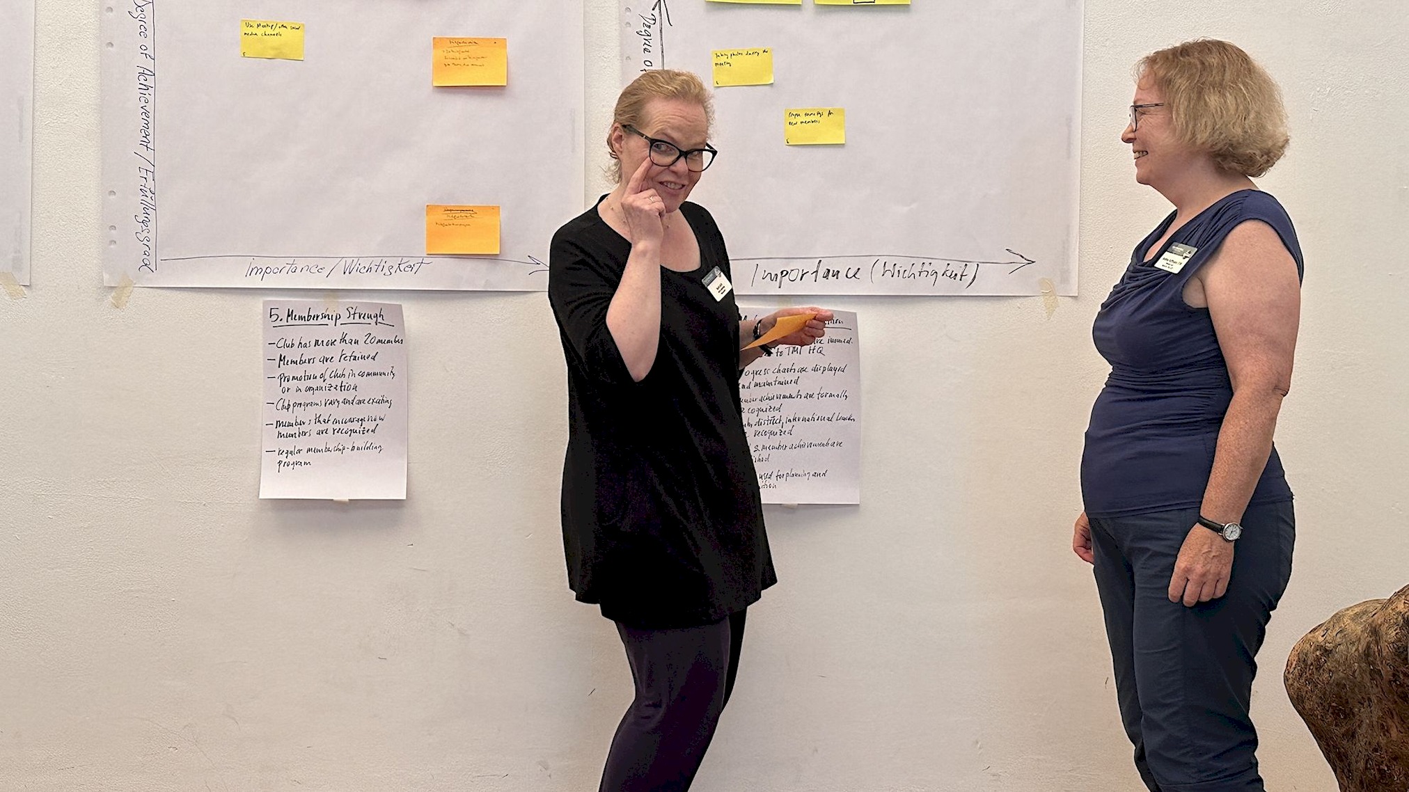 Andrea H. und Sarah B. im Gespräch vor Flipcharts beim Club Officer Training der Area A3.
