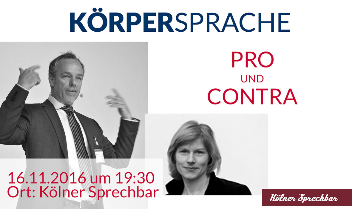 Ankündigungsgrafik zum Special „Körpersprache: Pro und Contra" mit Thomas R. und Claudia T., Terminangabe 16.11.2016 um 19:30 Uhr in der Kölner Sprechbar.