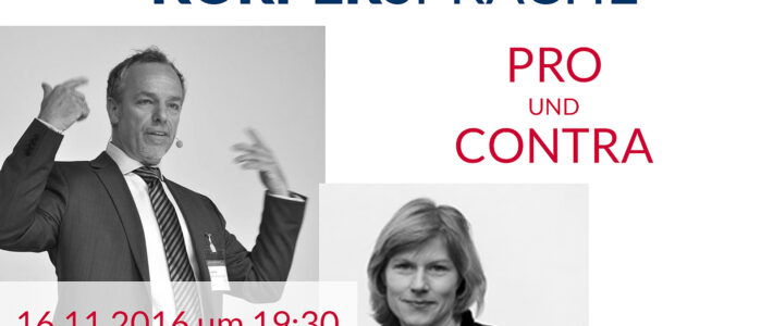 Körpersprache: Pro und Contra mit Thomas R. und Claudia T. Ankündigungsgrafik zum Special „Körpersprache: Pro und Contra" mit Thomas R. und Claudia T., Terminangabe 16.11.2016 um 19:30 Uhr in der Kölner Sprechbar.