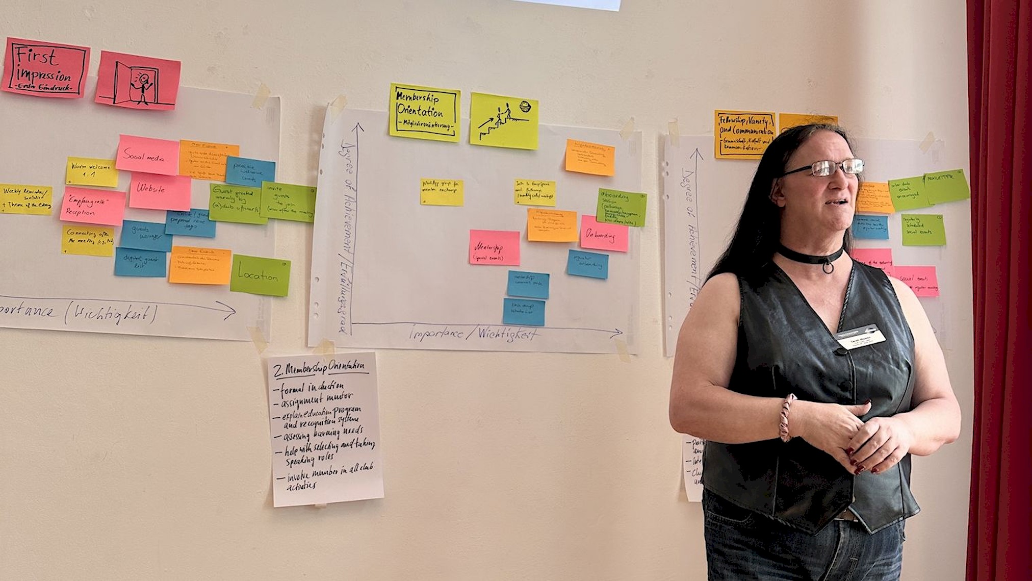 Sarah M. spricht beim Club Officer Training vor Flipcharts mit Moderationskarten zur Mitgliederentwicklung.